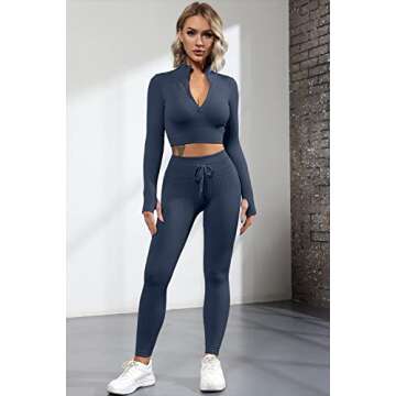 QINSEN Workout Sets for Women 2 Piece Seamless Long Sleeve Crop Tops Ribbed High Waist Leggings (M, Y118 Dark Blue)