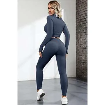 QINSEN Workout Sets for Women 2 Piece Seamless Long Sleeve Crop Tops Ribbed High Waist Leggings (M, Y118 Dark Blue)