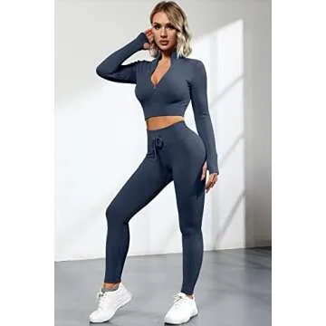 QINSEN Workout Sets for Women 2 Piece Seamless Long Sleeve Crop Tops Ribbed High Waist Leggings (M, Y118 Dark Blue)