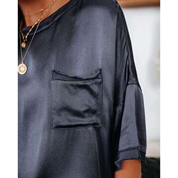 Metietila Women's Navy Blue Silk Satin Pajamas Short Sleeve PJ Set Sleepwear Loungewear With Shorts for Women Small