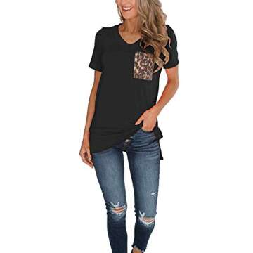 Womens Short Sleeves Casual Loose V Neck T Shirts Basic Tops Leopard Pocket Black M