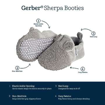 Gerber Baby Fleece Lined Non Skid Soft Slipper Booties, Grey Ears, 0 3 Months Unisex Infant