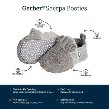Gerber Baby Fleece Lined Non Skid Soft Slipper Booties, Grey Ears, 0 3 Months Unisex Infant