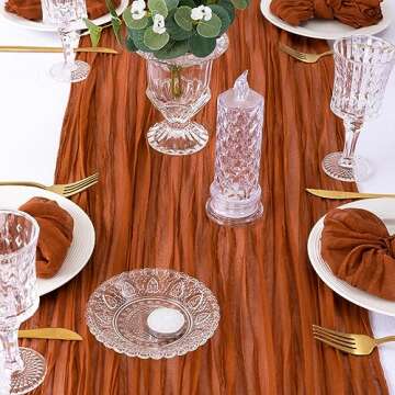DeZerlor Terracotta Cheesecloth Table Runner Spring Boho Sheer Gauze Table Runner 120 Inches Long Burnt Orange Easter Table Decorations for Wedding Bridal Baby Shower Tea Party Decor
