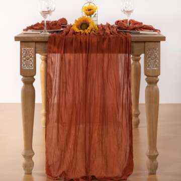 DeZerlor Terracotta Cheesecloth Table Runner Spring Boho Sheer Gauze Table Runner 120 Inches Long Burnt Orange Easter Table Decorations for Wedding Bridal Baby Shower Tea Party Decor