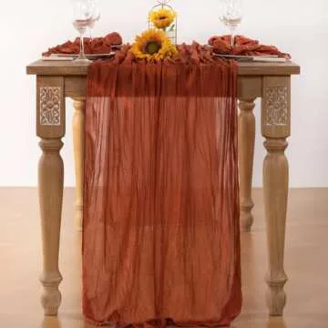 DeZerlor Terracotta Cheesecloth Table Runner Spring Boho Sheer Gauze Table Runner 120 Inches Long Burnt Orange Easter Table Decorations for Wedding Bridal Baby Shower Tea Party Decor