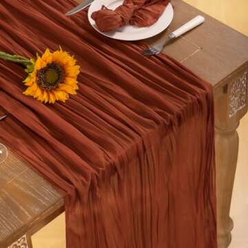 DeZerlor Terracotta Cheesecloth Table Runner Spring Boho Sheer Gauze Table Runner 120 Inches Long Burnt Orange Easter Table Decorations for Wedding Bridal Baby Shower Tea Party Decor