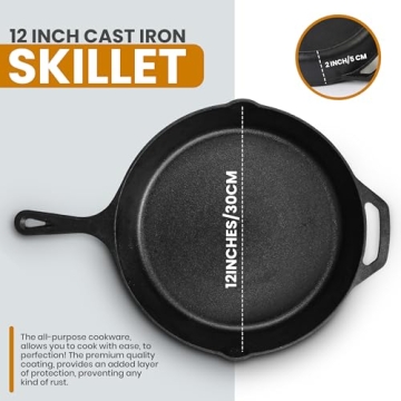 Utopia Kitchen 12 Inch Cast Iron Skillet with Lid Durable Cookware