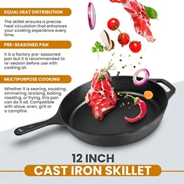 Utopia Kitchen 12 Inch Cast Iron Skillet with Lid Durable Cookware