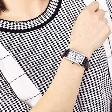 carlien Women Quartz Watch Lady Stylish Rectangle Dress Watch with Leather Strap and Sapphire Crown (Silver Black)