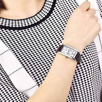 carlien Women Quartz Watch Lady Stylish Rectangle Dress Watch with Leather Strap and Sapphire Crown (Silver Black)