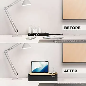 Prosumer's Choice Black Wooden Charging Station Organizer for Multiple Devices - Cable Management Box with 5 Slots and Removable Dividers - Charger Organizer for Phone, Tablet, Home, Office, 12"x6"x7"