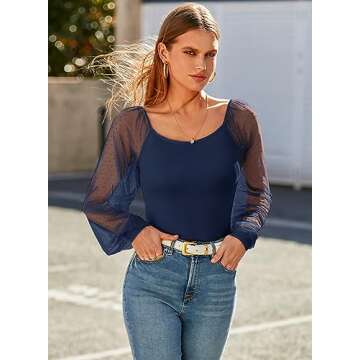 DOROSE Business Casual Puff Top Summer Stylish Shirt in Navy Blue