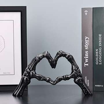 Black Hand Gesture Desk Statues Love Ornaments,Skull Couple Statue, Creative Wedding Home Desktop Decor,Heart Shape Hand Figurines for Living Room Shelf Coffee Table Centerpiece