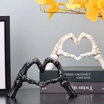 Black Hand Gesture Desk Statues Love Ornaments,Skull Couple Statue, Creative Wedding Home Desktop Decor,Heart Shape Hand Figurines for Living Room Shelf Coffee Table Centerpiece
