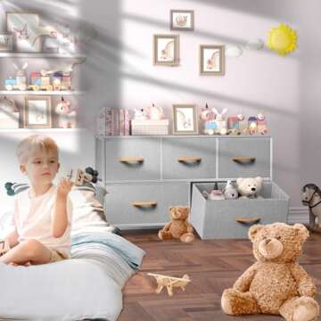 ROMOON Dresser for Bedroom, Wide Closet Dresser with 5 Drawer, Small Fabric Dresser & Chests of Drawers for Kids Bedroom, Closet, Living Room, Hallway. (Grey)