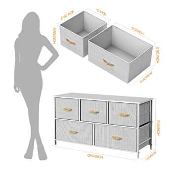 ROMOON Dresser for Bedroom, Wide Closet Dresser with 5 Drawer, Small Fabric Dresser & Chests of Drawers for Kids Bedroom, Closet, Living Room, Hallway. (Grey)