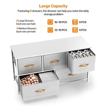ROMOON Dresser for Bedroom, Wide Closet Dresser with 5 Drawer, Small Fabric Dresser & Chests of Drawers for Kids Bedroom, Closet, Living Room, Hallway. (Grey)