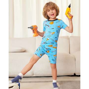 babee Reshinee Bamboo Viscose Toddler Pajamas Boys Girls Kids Cool Short Summer Pjs Pyjamas Set 4-5T Blue Tool 2pcs Jammies Sleepwear