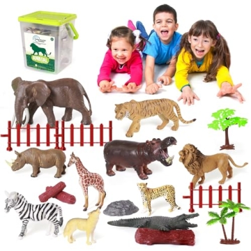 BIWASE Safari Zoo Animals Figures Toys for Kids 3-5, Realistic Animal Figurines Playset with Fence f...