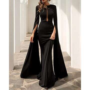Women's Split Cape Long Sleeve Maxi Dress Evening Wedding Night Gown Party Dresses Black