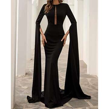 Women's Split Cape Long Sleeve Maxi Dress Evening Wedding Night Gown Party Dresses Black