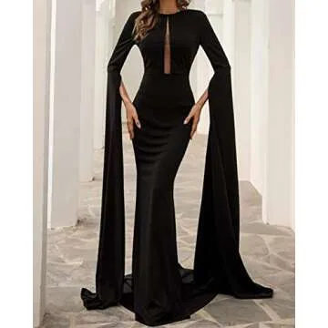 Women's Split Cape Long Sleeve Maxi Dress Evening Wedding Night Gown Party Dresses Black