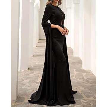 Women's Split Cape Long Sleeve Maxi Dress Evening Wedding Night Gown Party Dresses Black