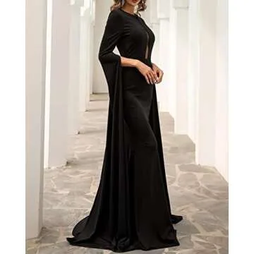 Women's Split Cape Long Sleeve Maxi Dress Evening Wedding Night Gown Party Dresses Black
