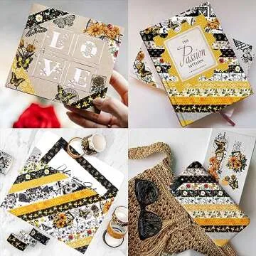 KOVANO Washi Tape Set 14 Rolls, Vintage Bee Floral Butterfly Botanical Washi Tape, Yellow Black Decorative Tapes for Scrapbooking Supplies, Junk Journal, Bullet Journaling, Art Crafts