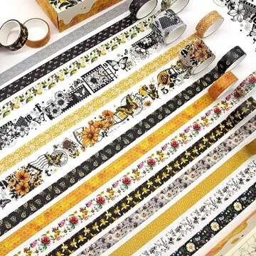 KOVANO Washi Tape Set 14 Rolls, Vintage Bee Floral Butterfly Botanical Washi Tape, Yellow Black Decorative Tapes for Scrapbooking Supplies, Junk Journal, Bullet Journaling, Art Crafts