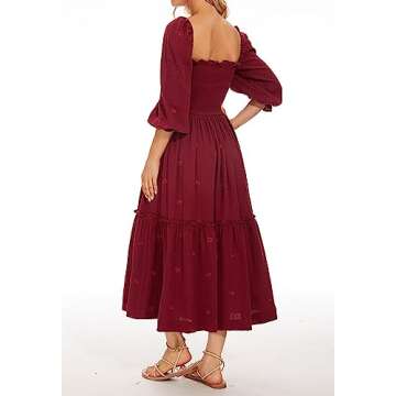 AnotherChill Women's Casual Embroidered Maxi Dress Floral Flowy Square Neck Dresses with Puff Sleeves for Summer 2023