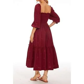AnotherChill Women's Casual Embroidered Maxi Dress Floral Flowy Square Neck Dresses with Puff Sleeves for Summer 2023