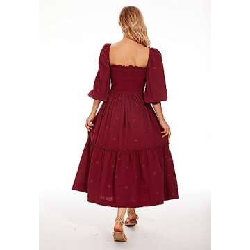 AnotherChill Women's Casual Embroidered Maxi Dress Floral Flowy Square Neck Dresses with Puff Sleeves for Summer 2023
