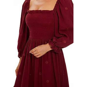 AnotherChill Women's Casual Embroidered Maxi Dress Floral Flowy Square Neck Dresses with Puff Sleeves for Summer 2023