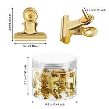 Outus 30 Pieces Push Pins Clips Thumb Tacks with Clips Cork Board Tacks Bulldog for School Artworks Projects on Cork Board Photos Documents on Bulletin Board No Holes for The Paper(Gold)