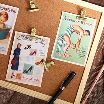 Outus 30 Pieces Push Pins Clips Thumb Tacks with Clips Cork Board Tacks Bulldog for School Artworks Projects on Cork Board Photos Documents on Bulletin Board No Holes for The Paper(Gold)