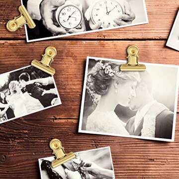 Outus 30 Pieces Push Pins Clips Thumb Tacks with Clips Cork Board Tacks Bulldog for School Artworks Projects on Cork Board Photos Documents on Bulletin Board No Holes for The Paper(Gold)