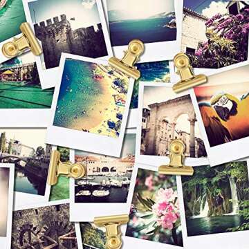 Outus 30 Pieces Push Pins Clips Thumb Tacks with Clips Cork Board Tacks Bulldog for School Artworks Projects on Cork Board Photos Documents on Bulletin Board No Holes for The Paper(Gold)