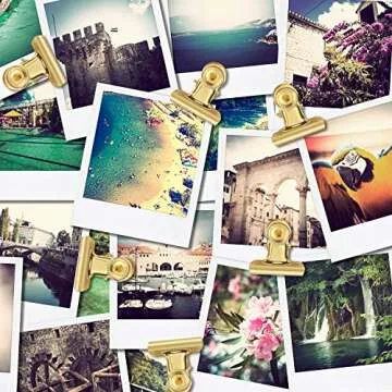 Outus 30 Pieces Push Pins Clips Thumb Tacks with Clips Cork Board Tacks Bulldog for School Artworks Projects on Cork Board Photos Documents on Bulletin Board No Holes for The Paper(Gold)