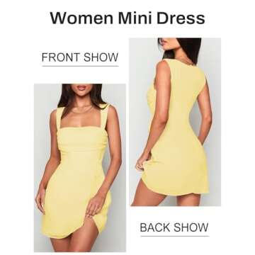 Women's Sexy Ruched Mesh Midi Short Dresses for Women Yellow Medium Square Neck Fitted Elegant Club Party Cocktail Dress