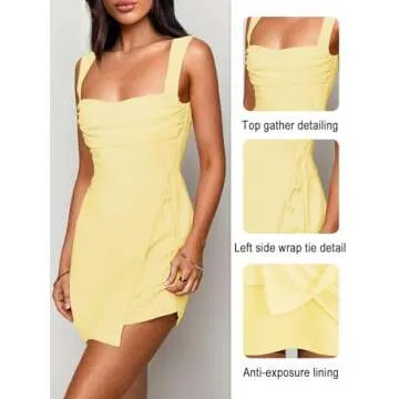 Women's Sexy Ruched Mesh Midi Short Dresses for Women Yellow Medium Square Neck Fitted Elegant Club Party Cocktail Dress