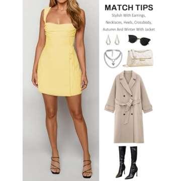 Women's Sexy Ruched Mesh Midi Short Dresses for Women Yellow Medium Square Neck Fitted Elegant Club Party Cocktail Dress