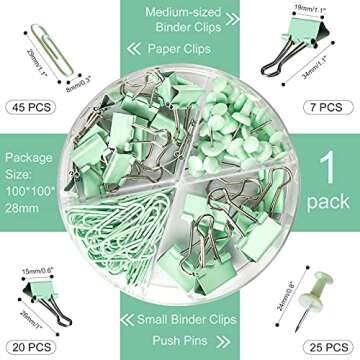 DANRONG 97 PCS Office Supplies for Women, Paper Clips, Binder Clips and Push Pins Set, Paperclips Thumb Tacks School and Home Desk Supplies, Desk Organized (Green)