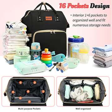 KUWANI Diaper Bag Backpack with Changing Pad for Parents on the Go, Large Capacity, Waterproof Oxford backpack, Multiple Pockets, Adjustable Straps, Baby Registry Search(Black)