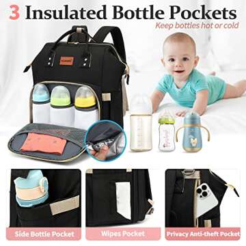 KUWANI Diaper Bag Backpack with Changing Pad for Parents on the Go, Large Capacity, Waterproof Oxford backpack, Multiple Pockets, Adjustable Straps, Baby Registry Search(Black)