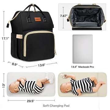 KUWANI Diaper Bag Backpack with Changing Pad for Parents on the Go, Large Capacity, Waterproof Oxford backpack, Multiple Pockets, Adjustable Straps, Baby Registry Search(Black)