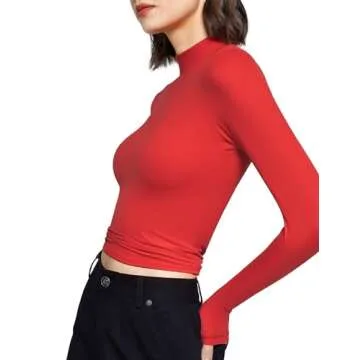 PUMIEY Turtleneck T Shirt Long Sleeve Shirts for Women Going Out Tops Basic Tee, Ruby Small