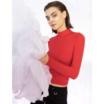 PUMIEY Turtleneck T Shirt Long Sleeve Shirts for Women Going Out Tops Basic Tee, Ruby Small