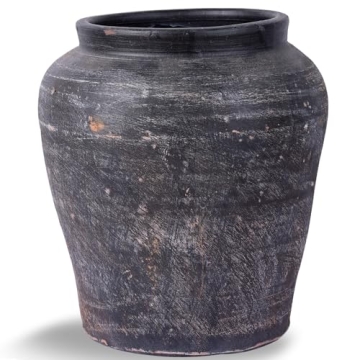 12.4" Tall Black Vintage Terracotta Vase, Large Rustic Farmhouse Pottery Vase for Unique Home Decor,...